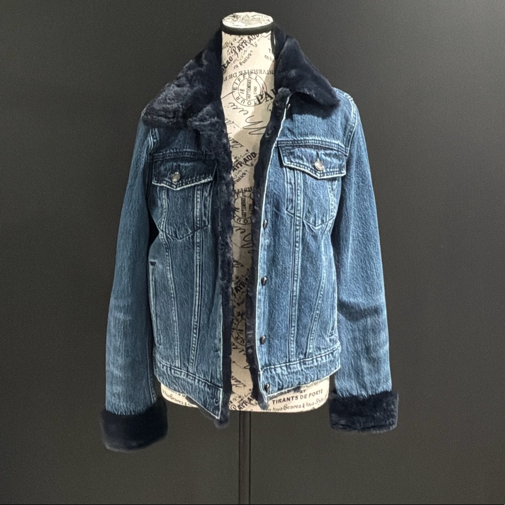 Good American Blue Denim Jacket with Faux Fur Trim